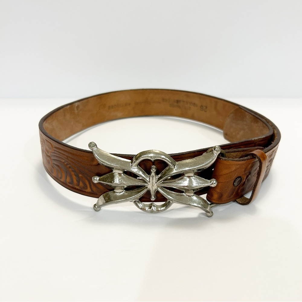 Steerhead Tooled Leather Butterfly Buckle Belt 26